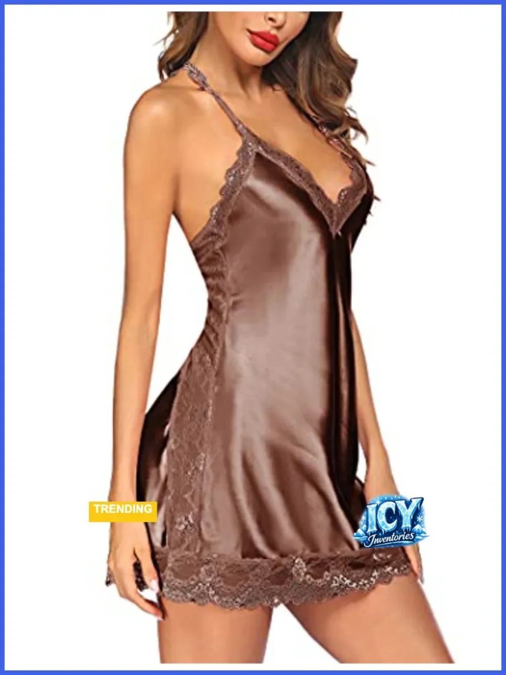 Satin Lace Halter Chemise Babydoll Deep V Neck Sleepwear Bridal